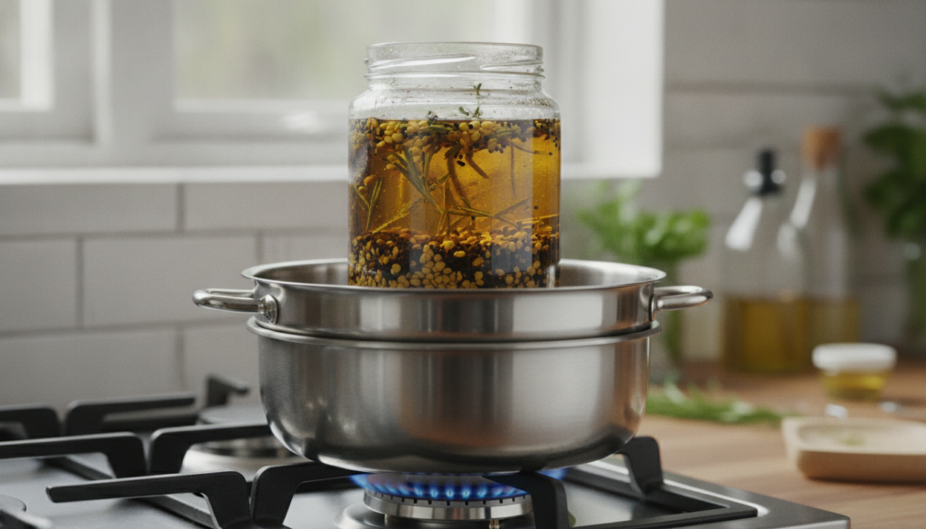 A small saucepan on a stovetop with oil gently infusing black seeds fenugreek and rosemary over low heat showing the dou
