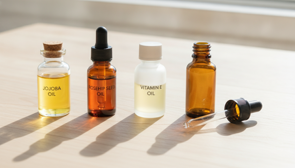 Ingredients for a homemade facial oil small bottles of jojoba oil rosehip oil and vitamin E oil arranged neatly on a woo