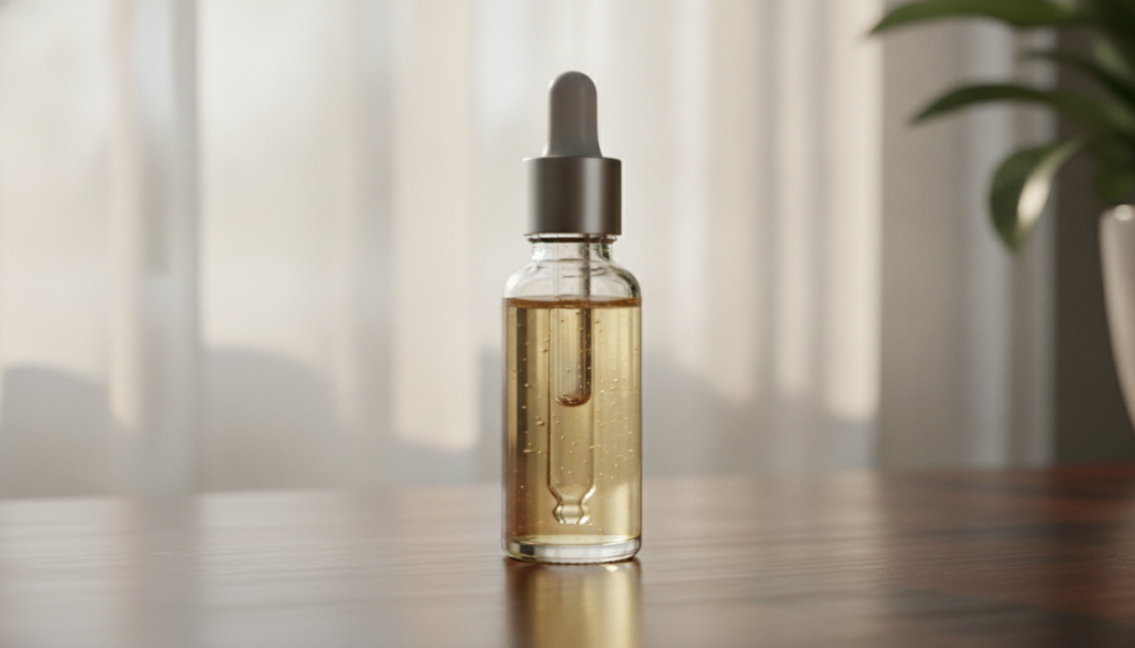 A small elegant glass dropper bottle filled with a light golden serum placed on a wooden surface with a soft natural bac