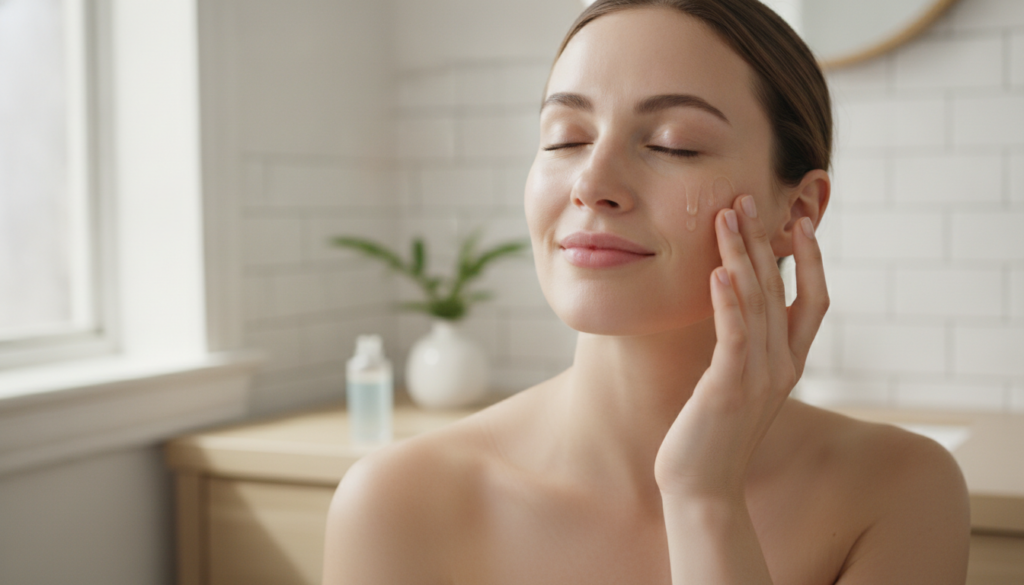 A woman gently applying a few drops of serum to her face eyes closed with a soft content expression in a well-lit bathro
