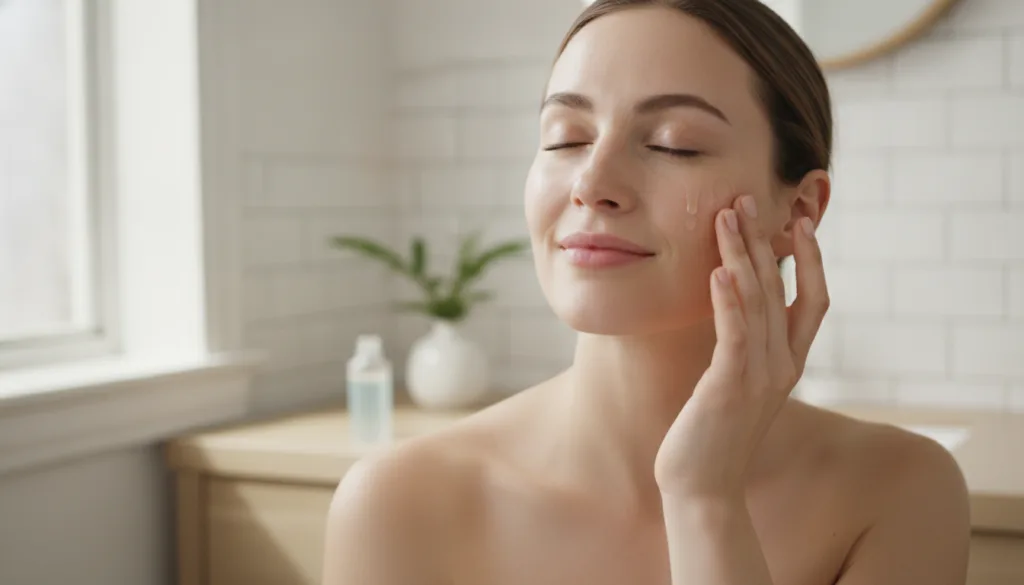 A woman gently applying a few drops of serum to her face eyes closed with a soft content expression in a well-lit bathro