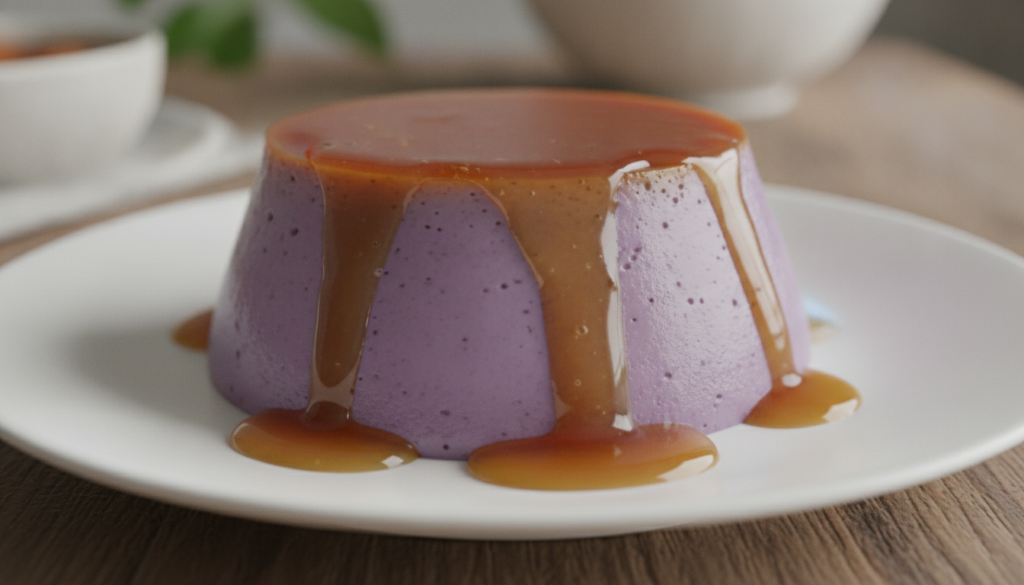 A stunning Ube Leche Flan with its characteristic purple custard and golden caramel topping served on a white plate It l