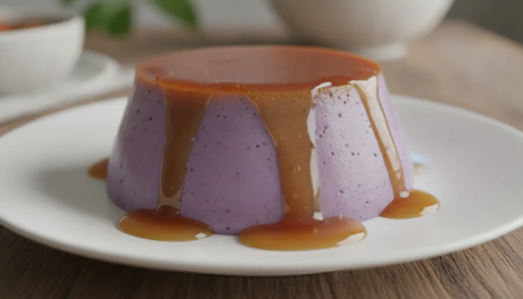 A stunning Ube Leche Flan with its characteristic purple custard and golden caramel topping served on a white plate It l