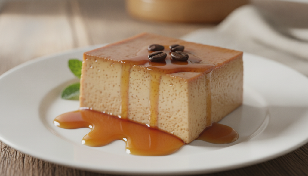 A slice of Coffee Leche Flan with a beautiful light brown custard color and dark caramel garnished with a few roasted co