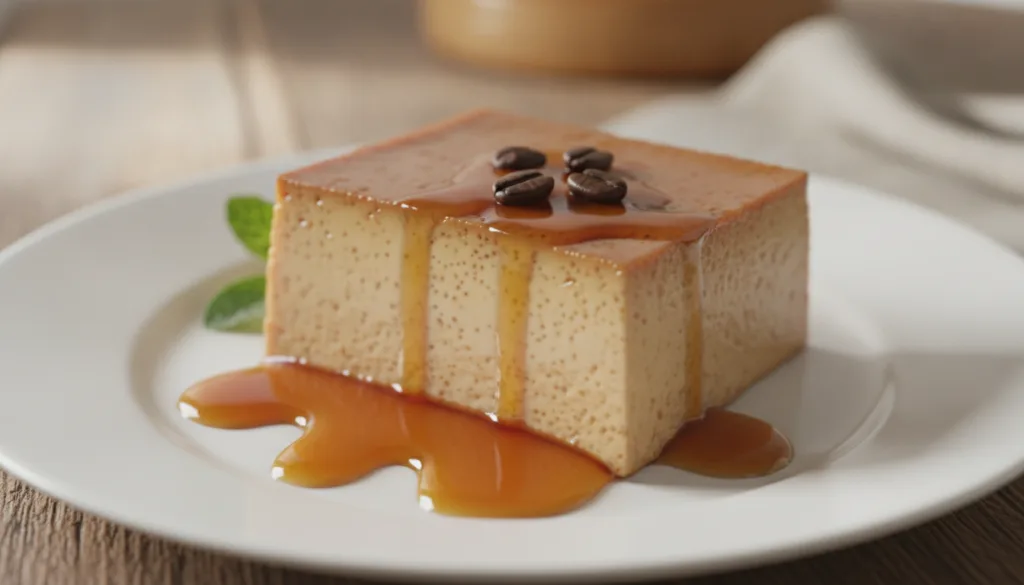 A slice of Coffee Leche Flan with a beautiful light brown custard color and dark caramel garnished with a few roasted co