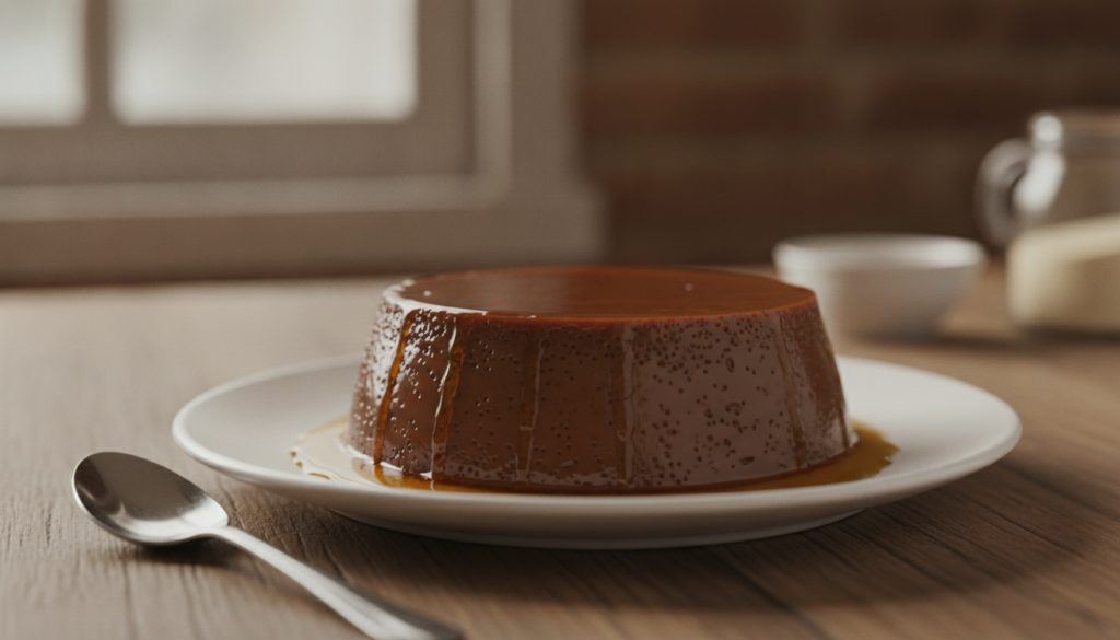 A luscious Chocolate Leche Flan dark brown in color with a shiny caramel topping served on a white plate It looks incred