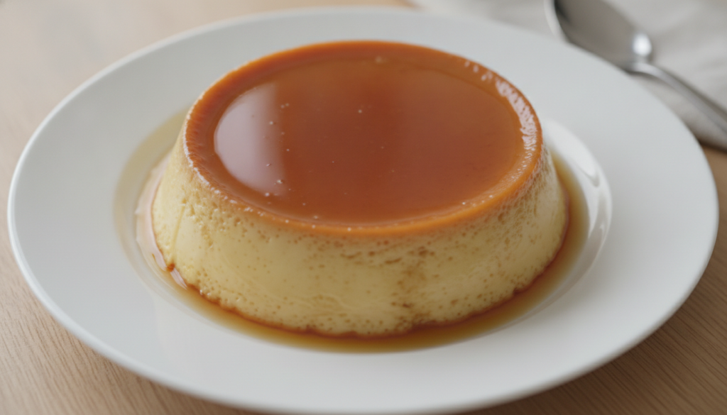 A perfectly steamed Classic Leche Flan inverted onto a serving plate showing its rich caramel top The flan is glistening