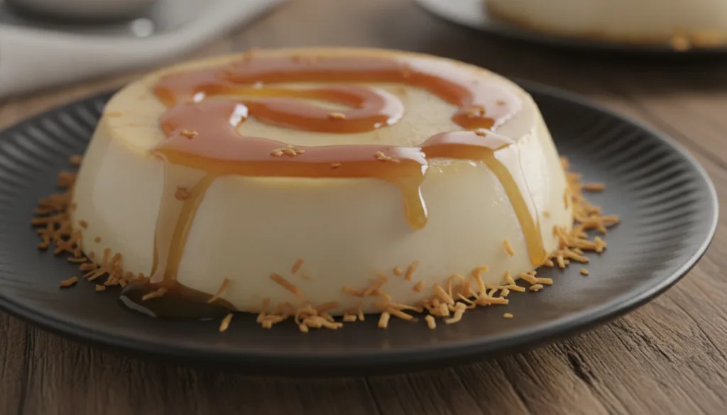 A delicate Coconut Leche Flan lighter in color with a beautiful caramel drizzle garnished with toasted coconut flakes It