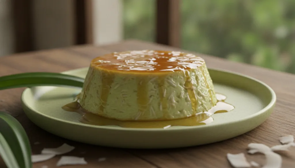 A vibrant Buko Pandan Leche Flan light green in color with a clear caramel topping and visible small pieces of buko youn