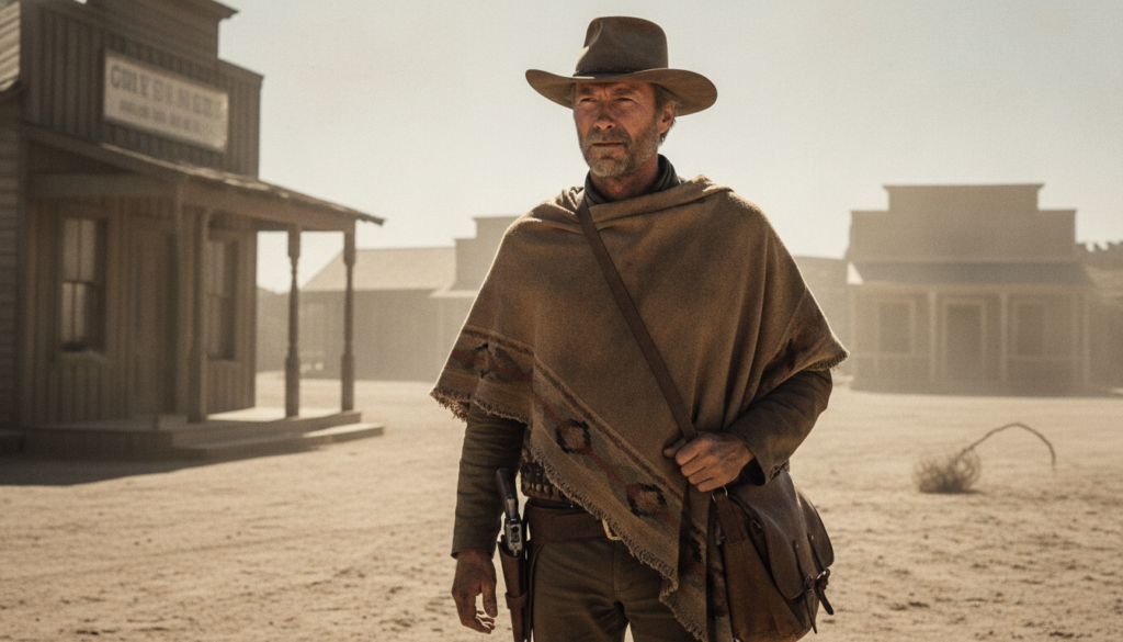 Clint Eastwood as Blondie in The Good the Bad and the Ugly wearing a poncho and cowboy hat