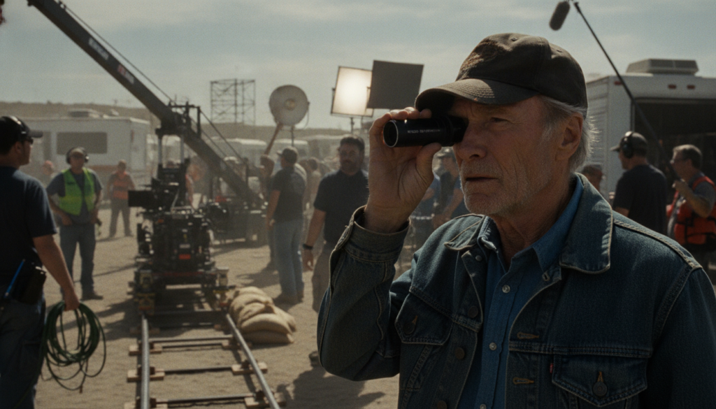 Clint Eastwood directing a movie perhaps looking through a camera viewfinder or speaking to actors on set