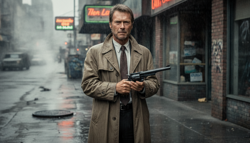 Clint Eastwood as Harry Callahan Dirty Harry holding his 44 Magnum wearing a trench coat