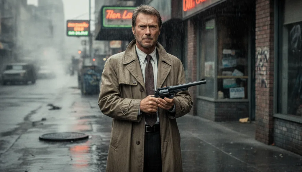 Clint Eastwood as Harry Callahan Dirty Harry holding his 44 Magnum wearing a trench coat