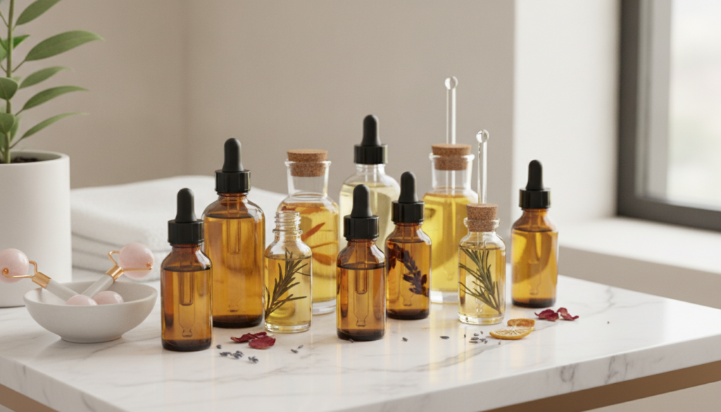 A collection of small glass dropper bottles containing various natural homemade facial oils or serums elegantly arranged