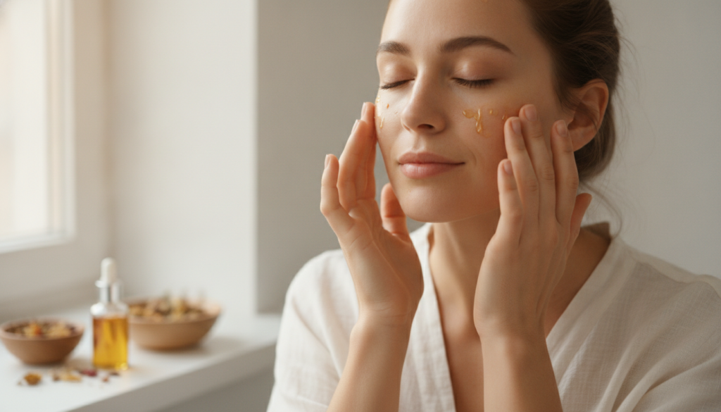 A woman gently massaging the homemade Botox Oil blend onto her clean face demonstrating the application process with a f