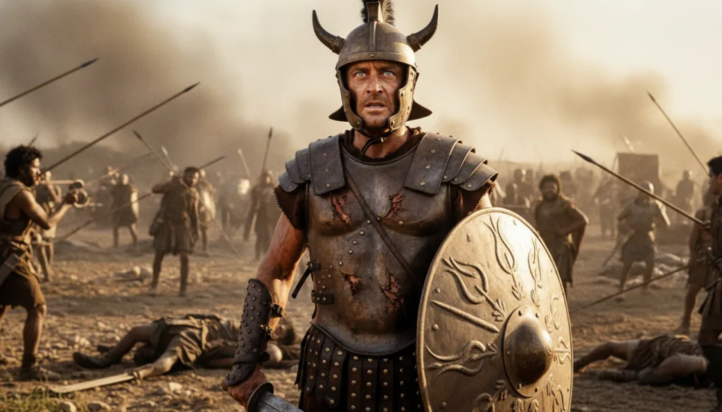 Kirk Douglas in character as Spartacus a Roman gladiator wearing armor and looking defiant