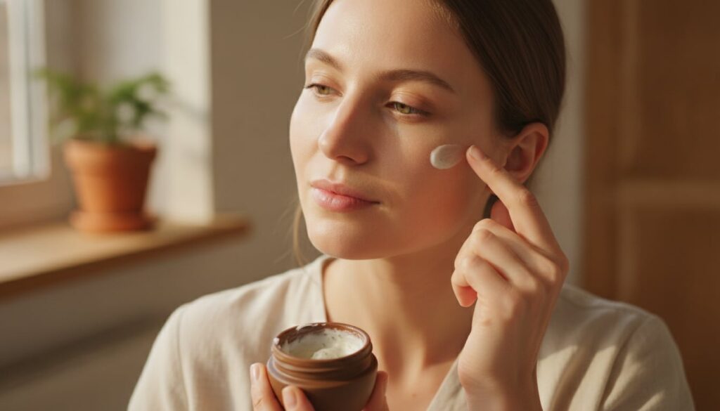 A woman gently applying a small amount of balm to her face focusing on areas with fine lines with a soft glowing complex