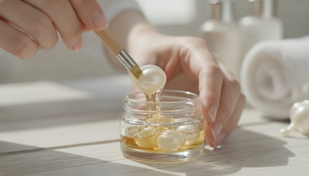 Hands mixing petroleum jelly with oil from beauty capsules in a small glass jar