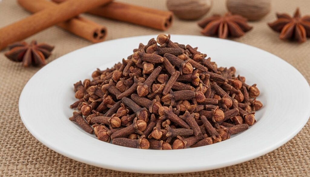 A small pile of whole cloves on a white ceramic dish with a subtle background of other dried spices highlighting their n