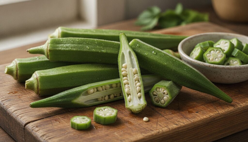 Fresh green okra pods on a rustic wooden cutting board with a small bowl of sliced okra next to them suggesting its use 