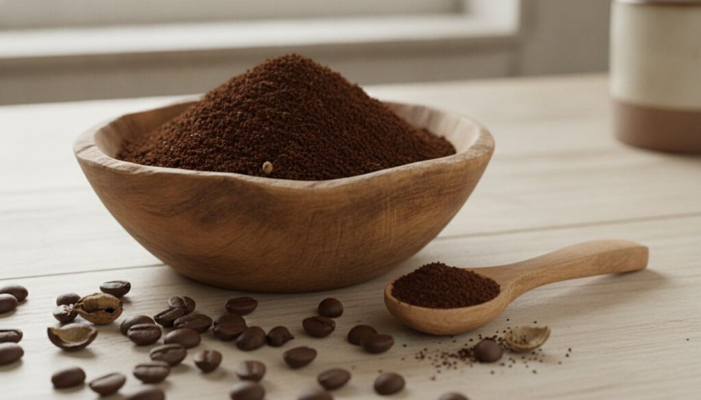 A bowl of freshly ground coffee next to a small wooden spoon with a coffee bean scattered around suggesting its use as a