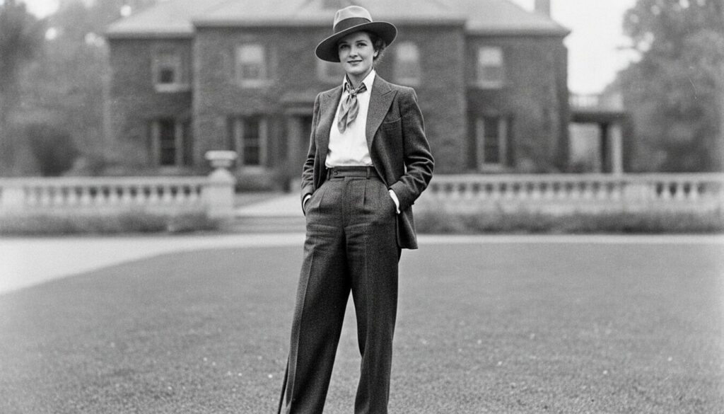 A black and white archival photo of a young Katharine Hepburn in trousers showcasing her unconventional style
