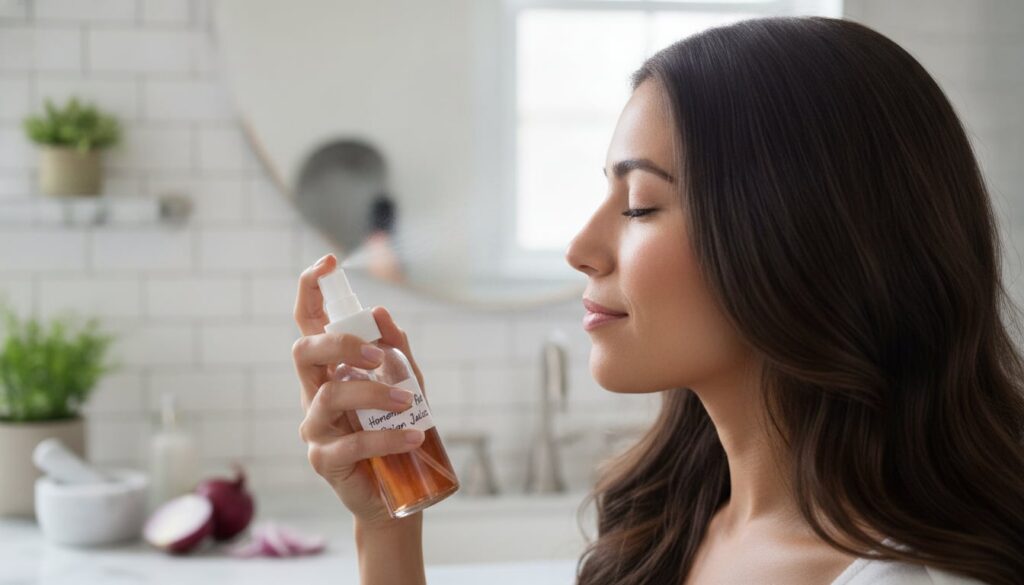A woman applying red onion juice from a spray bottle to her scalp