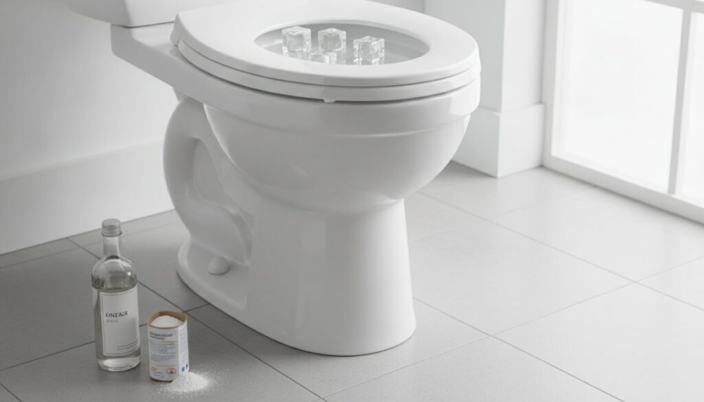 A clean sparkling white toilet bowl with a few melting ice cubes inside next to a bottle of white vinegar and baking sod