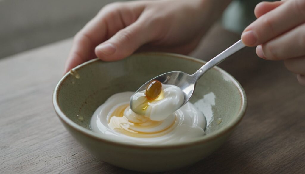 Close-up of hands mixing Vaseline and oil from a punctured Vitamin E capsule in a small ceramic bowl with a spoon showin