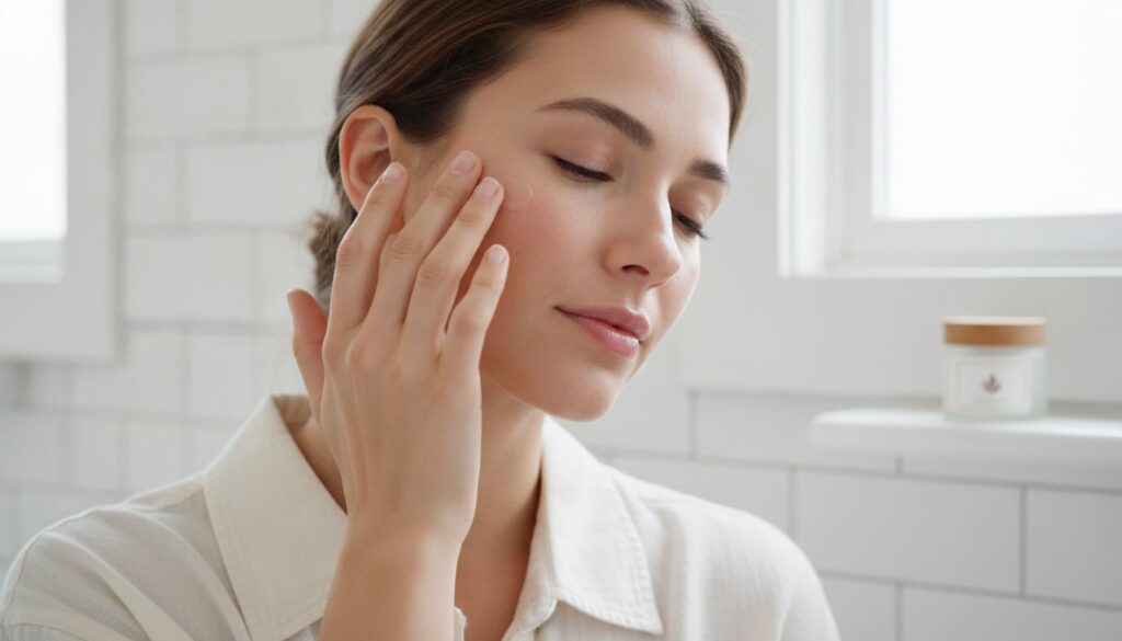 A woman gently applying a small amount of the balm to her cheek with her fingertips demonstrating proper application wit
