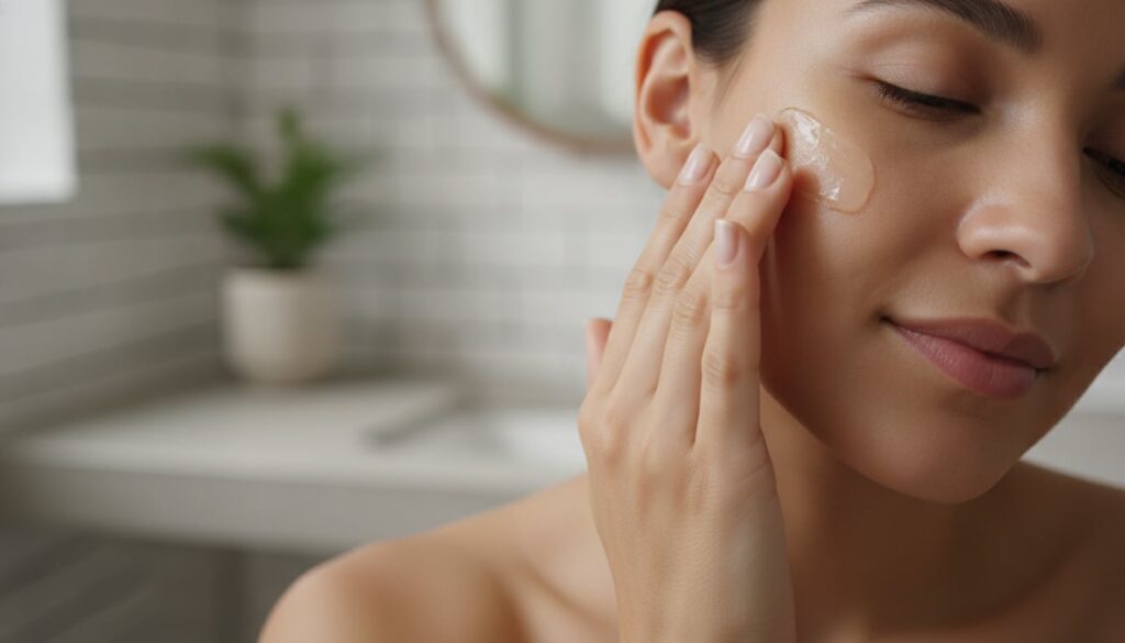 A person gently massaging a small amount of the mixed Vitamin E and Vaseline onto their cheek showing a glowing hydrated
