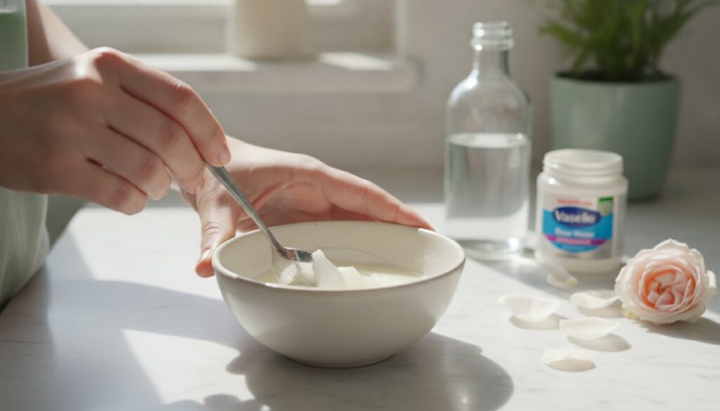 A person s hands gently mixing Vaseline rose water and glycerin in a small ceramic bowl with a spoon creating a smooth w