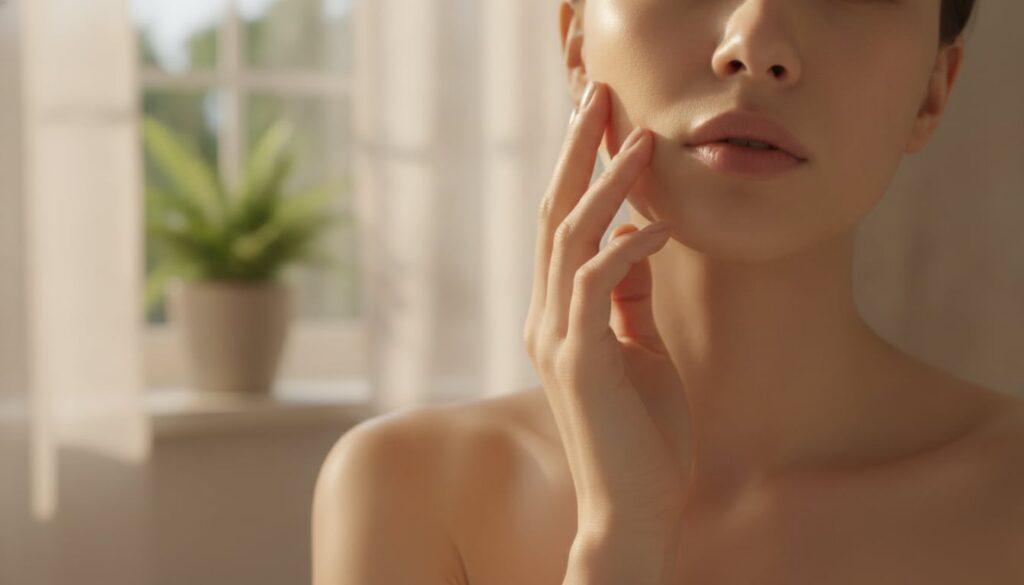 A woman s hand gently touching her glowing smooth cheek after using a face mask with a soft natural background Her skin 