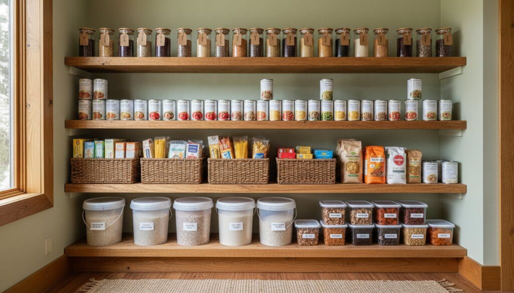 A well-organized emergency food pantry shelf showing canned goods dry pasta rice and jars of peanut butter all neatly st