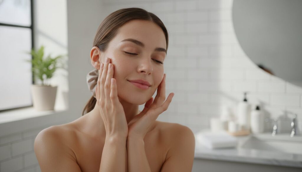 A woman gently patting her face with her fingertips showing radiant dewy glass skin in soft morning light