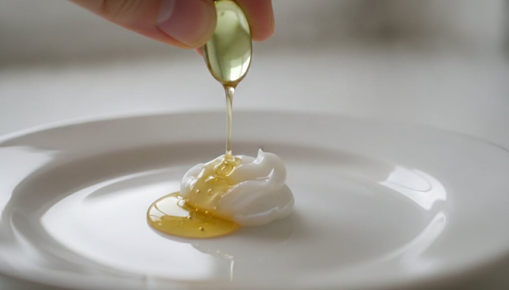 A close-up of a single green vitamin E capsule being gently squeezed to release its oily content onto a small dab of Vas