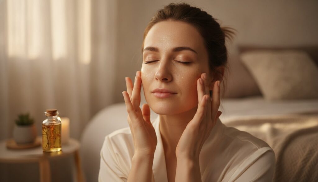 A woman gently dabbing the DIY glowing skin oil onto her clean face with her fingertips before bed with soft ambient lig
