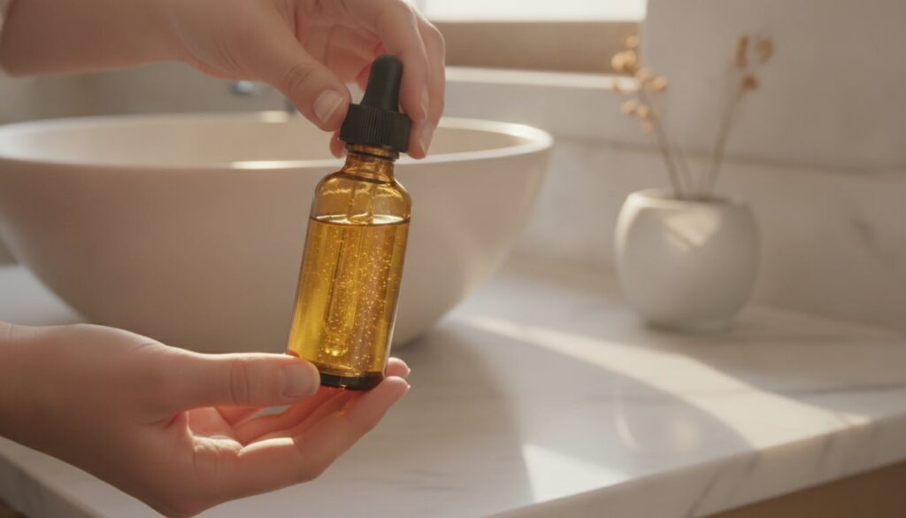 Hands gently shaking a dark glass bottle containing the newly mixed DIY glowing skin oil with a subtle golden swirl visi