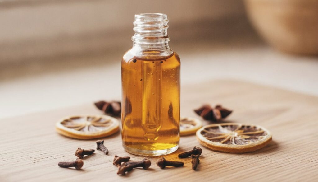 A small clear glass bottle filled with golden brown homemade clove and lemon oil with a dropper A few dried cloves are s