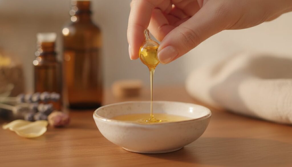 A close-up of a hand gently squeezing oil from an evening primrose oil capsule into a small dish with a soft natural lig