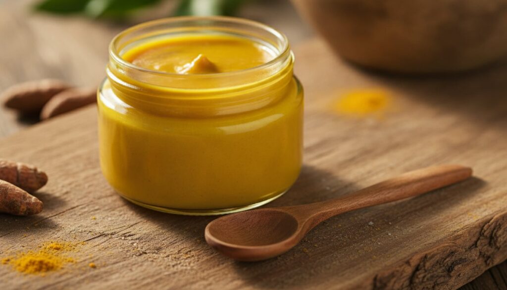 A close-up of a small glass jar filled with a golden turmeric and oil mixture with a tiny wooden spoon for mixing agains