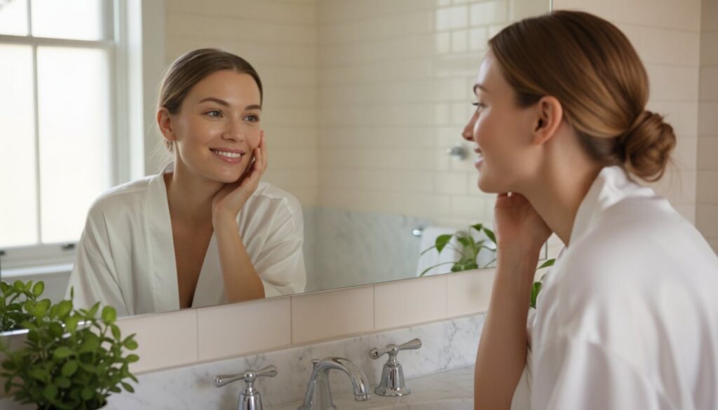 A woman admiring her radiant glowing skin in a mirror after applying the glass skin hack