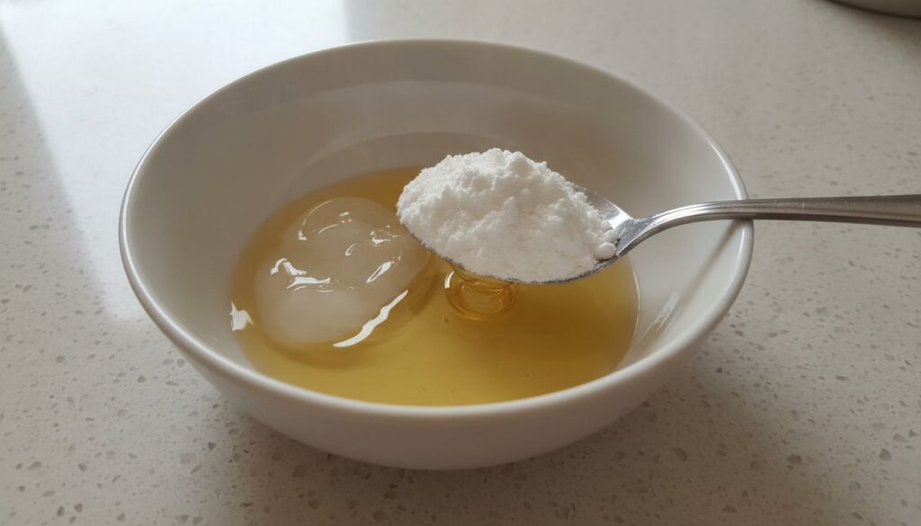 Close-up of a small bowl containing Vaseline Johnson s Baby Oil and cornstarch ready to be mixed