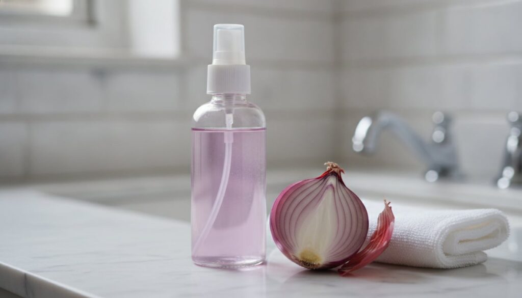 A clear glass spray bottle filled with a light purple liquid representing the finished red onion hair rinse placed on a 