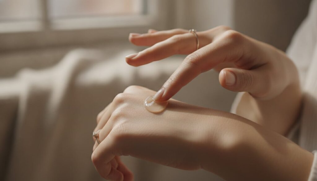 A small amount of the Vaseline and Vitamin E balm gently applied to the back of a hand showing a subtle glow and hydrate