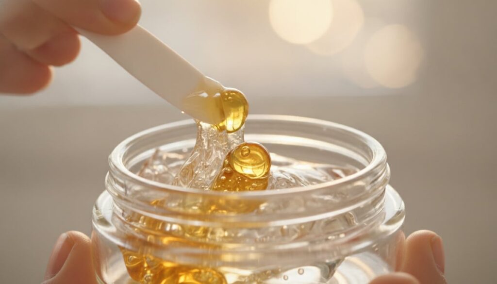Close-up of hands mixing Vaseline and oil from a punctured Vitamin E capsule in a small clear container with a miniature