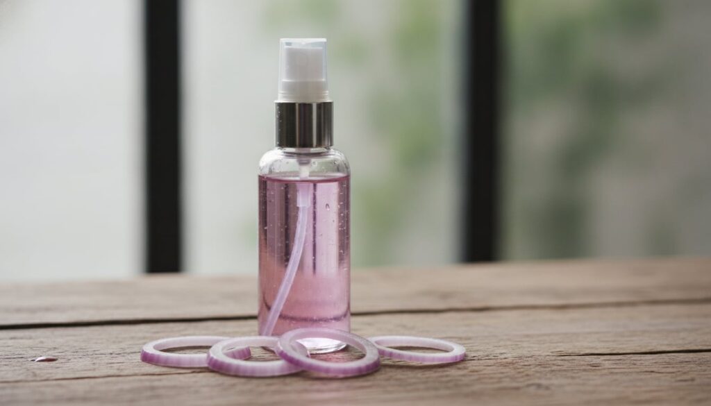 A close-up of a glass spray bottle filled with a clear purple liquid with a few fresh purple onion slices next to it on 