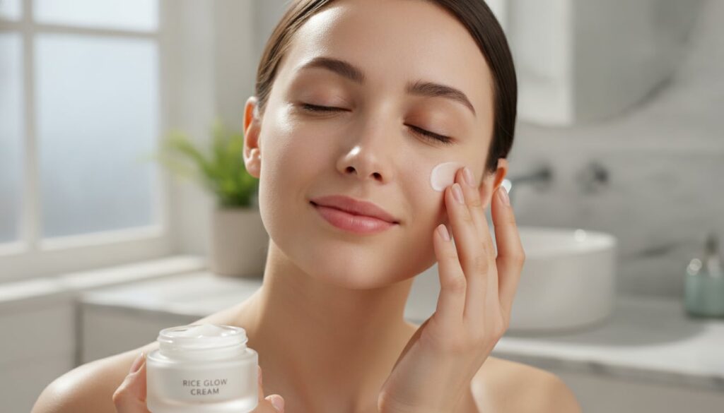 A woman gently applying a small amount of the rice glow cream to her cheek with her fingertips in a well-lit bathroom