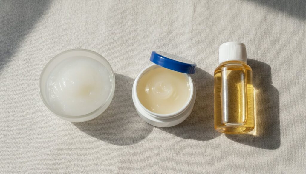 Individual ingredients for the rice glow cream a small bowl of rice gel a small container of petroleum jelly and a bottl