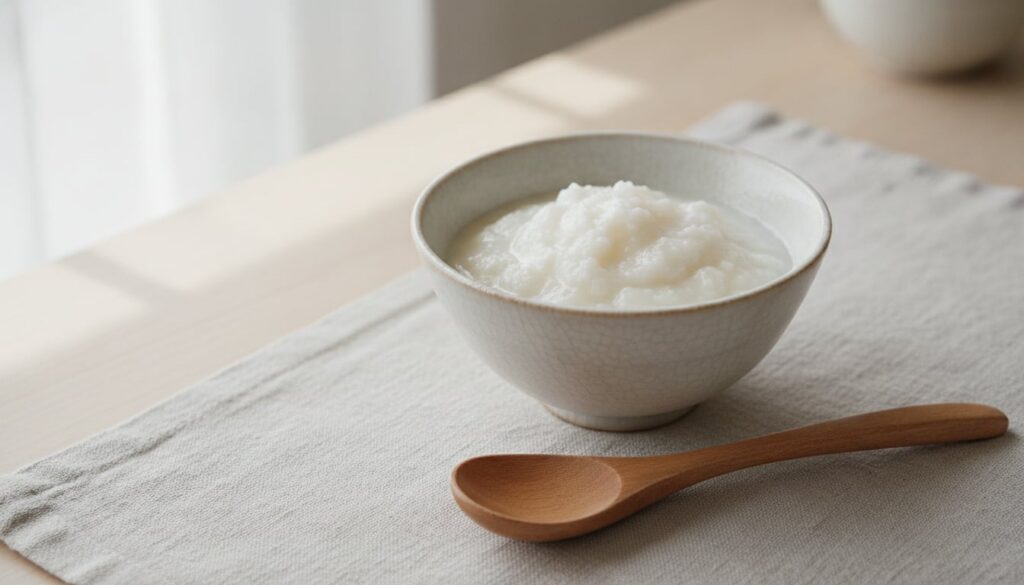 A small bowl containing the prepared thick starchy rice paste with a small spoon ready for application